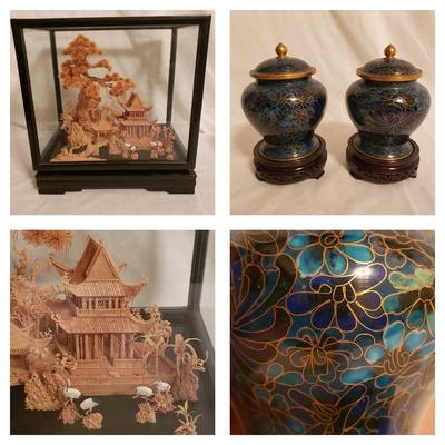 Pagoda Shadow Box W/Pair of Cloisonne Style Ginger Jars (LR-KD)