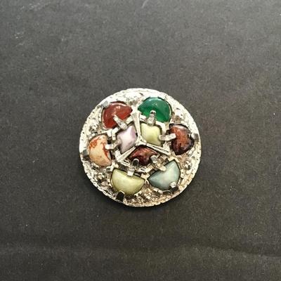Vintage, silver tone, multi colored polish stone brooch