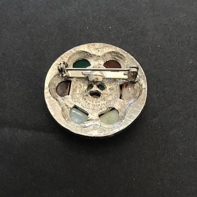 Vintage, silver tone, multi colored polish stone brooch