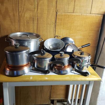 LOT 157B: Assorted Pots & Pans; Revere Ware Copper Bottom & More