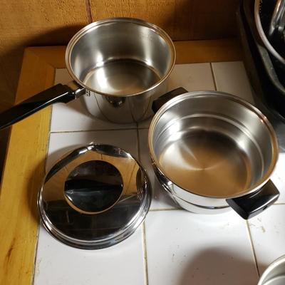 LOT 157B: Assorted Pots & Pans; Revere Ware Copper Bottom & More