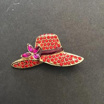 Vintage Monet Gold tone with red rhinestone, lapel pin hat