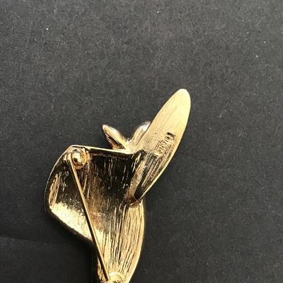 Vintage Monet Gold tone with red rhinestone, lapel pin hat