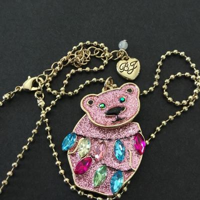 Betsey Johnson, pink bear wrapped in Holliday, rhinestone jeweled, necklace,