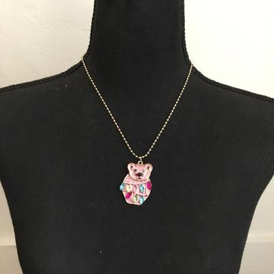 Betsey Johnson, pink bear wrapped in Holliday, rhinestone jeweled, necklace,