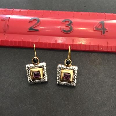 Beautiful, very nice silver and gold toned earrings with purple, rhinestone