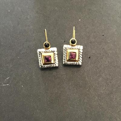 Beautiful, very nice silver and gold toned earrings with purple, rhinestone