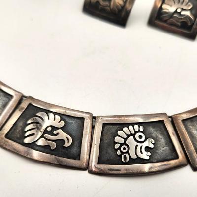 Lot #53 WOW! Aztec-Inspired Sterling Jewelry Set c. 1950 by Mexican Artist Gerardo Lopez - signed