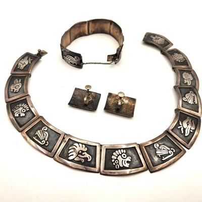 Lot #53 WOW! Aztec-Inspired Sterling Jewelry Set c. 1950 by Mexican Artist Gerardo Lopez - signed