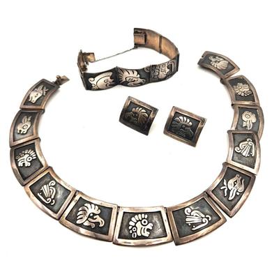 Lot #53 WOW! Aztec-Inspired Sterling Jewelry Set c. 1950 by Mexican Artist Gerardo Lopez - signed