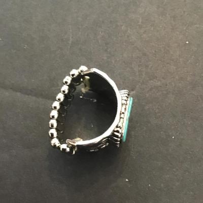 Silver tone, stretchy rings, faux turquoise