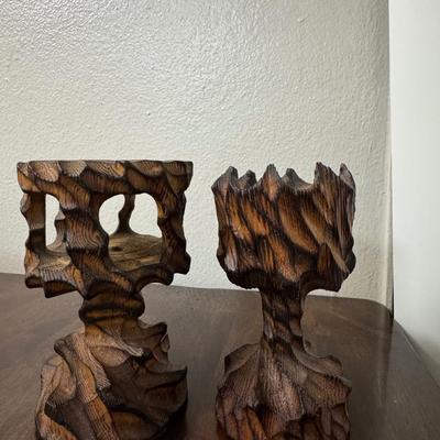 Pasture Pals Elmer. Vintage candle holders wooden.