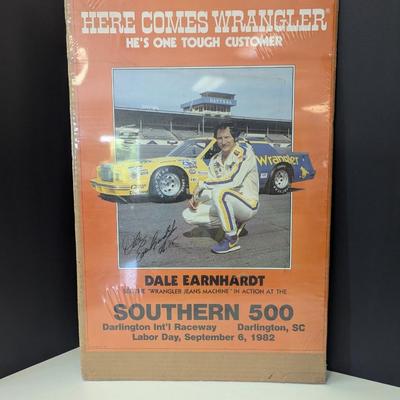 Sale Photo Thumbnail #1255: Dale Earnhardt "Here Comes Wrangler" 22" Poster Busch Southern 500 1982 EX
