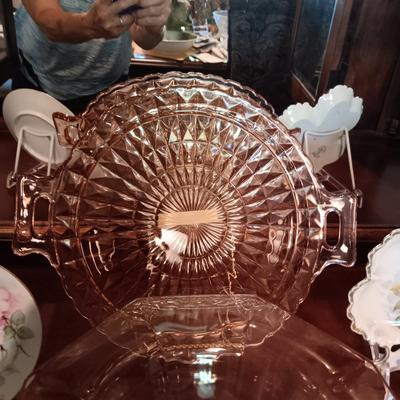 PINK DEPRESSION GLASS BOWL AND PLATTER AND MORE