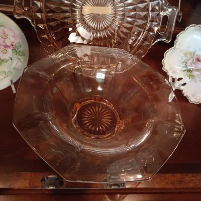 PINK DEPRESSION GLASS BOWL AND PLATTER AND MORE