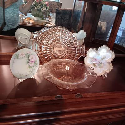 PINK DEPRESSION GLASS BOWL AND PLATTER AND MORE