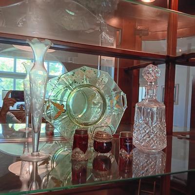 HAND PAINTED GREEN DEPRESSION GLASS PLATE, VINTAGE CRANBERRY GLASS PIECES AND MORE