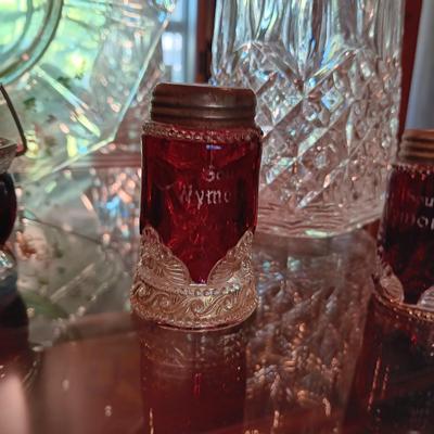 HAND PAINTED GREEN DEPRESSION GLASS PLATE, VINTAGE CRANBERRY GLASS PIECES AND MORE