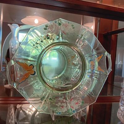 HAND PAINTED GREEN DEPRESSION GLASS PLATE, VINTAGE CRANBERRY GLASS PIECES AND MORE