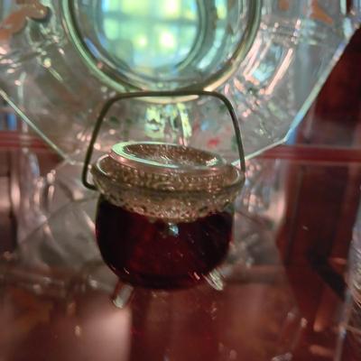 HAND PAINTED GREEN DEPRESSION GLASS PLATE, VINTAGE CRANBERRY GLASS PIECES AND MORE