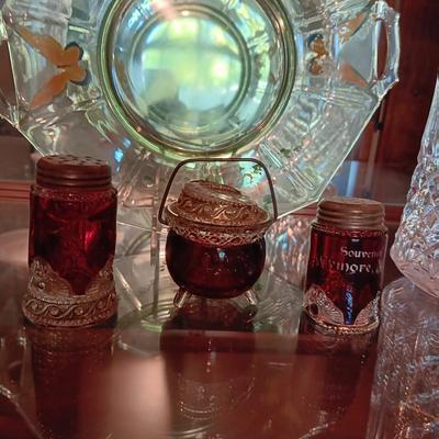 HAND PAINTED GREEN DEPRESSION GLASS PLATE, VINTAGE CRANBERRY GLASS PIECES AND MORE
