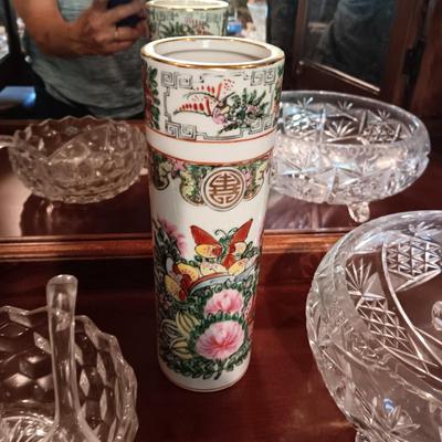 FOSTORIA DIVIDED BOWL, CRYSTAL FOOTED BOWL, CREAM & SUGAR SET & ASIAN STYLE VASE