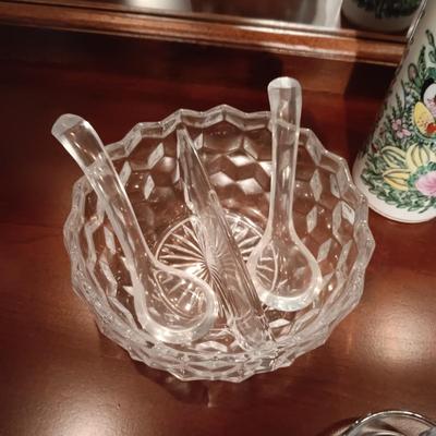 FOSTORIA DIVIDED BOWL, CRYSTAL FOOTED BOWL, CREAM & SUGAR SET & ASIAN STYLE VASE