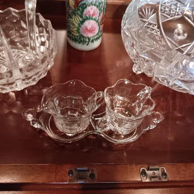 FOSTORIA DIVIDED BOWL, CRYSTAL FOOTED BOWL, CREAM & SUGAR SET & ASIAN STYLE VASE