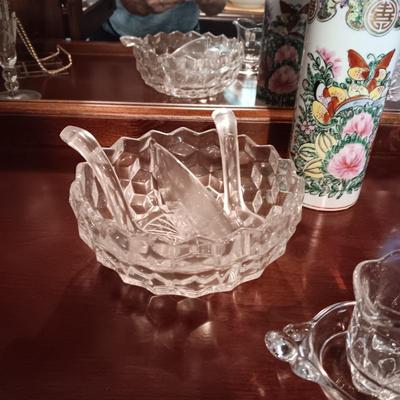 FOSTORIA DIVIDED BOWL, CRYSTAL FOOTED BOWL, CREAM & SUGAR SET & ASIAN STYLE VASE
