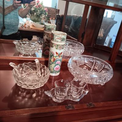 FOSTORIA DIVIDED BOWL, CRYSTAL FOOTED BOWL, CREAM & SUGAR SET & ASIAN STYLE VASE