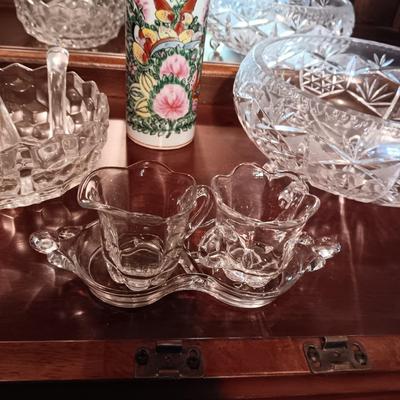 FOSTORIA DIVIDED BOWL, CRYSTAL FOOTED BOWL, CREAM & SUGAR SET & ASIAN STYLE VASE