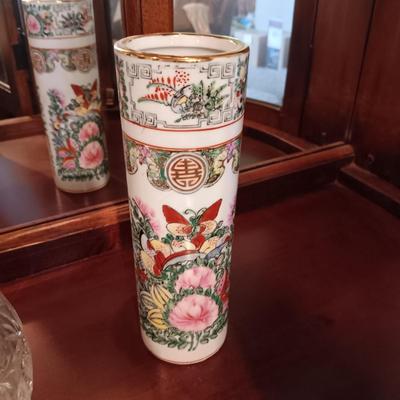 FOSTORIA DIVIDED BOWL, CRYSTAL FOOTED BOWL, CREAM & SUGAR SET & ASIAN STYLE VASE