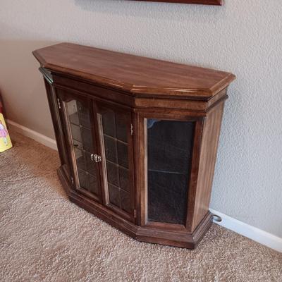 LIGHTED FOYER DISPLAY CABINET WITH WOOD FRAMED BEVELED WALL MIRROR