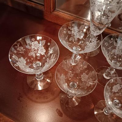 ETCHED CRYSTAL STEMWARE - 3 SIZES, 8 OF EACH