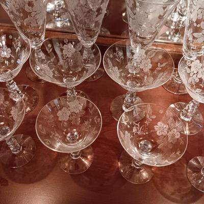 ETCHED CRYSTAL STEMWARE - 3 SIZES, 8 OF EACH