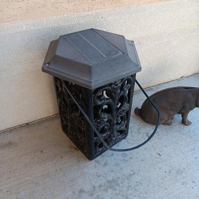 CAST IRON PIG BANK AND METAL CANDLE LANTERN