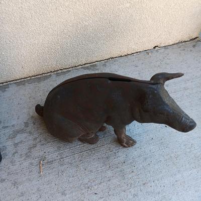 CAST IRON PIG BANK AND METAL CANDLE LANTERN