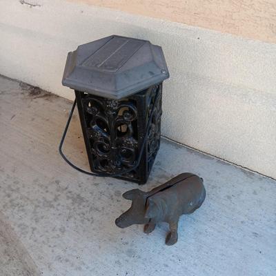 CAST IRON PIG BANK AND METAL CANDLE LANTERN