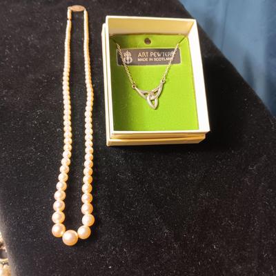 GENUINE PEARL NECKLACE AND ART PEWTER NECKLACE MADE IN SCOTLAND