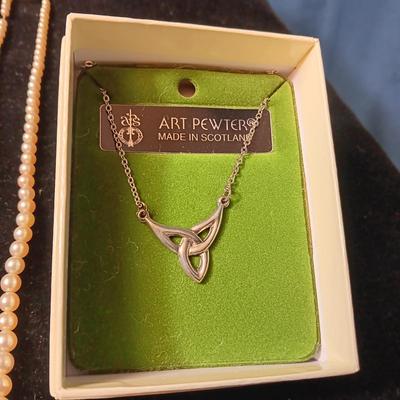 GENUINE PEARL NECKLACE AND ART PEWTER NECKLACE MADE IN SCOTLAND