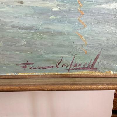 Sale Photo Thumbnail #243: Francisco is from Spain and is known for his landscape paintings. 
Boats at the dock, on the edges of art paint is chipping off the canvas
Measurements:
31.5” by 42.25” framed