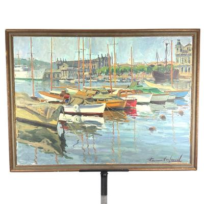Sale Photo Thumbnail #242: Francisco is from Spain and is known for his landscape paintings. 
Boats at the dock, on the edges of art paint is chipping off the canvas
Measurements:
31.5” by 42.25” framed