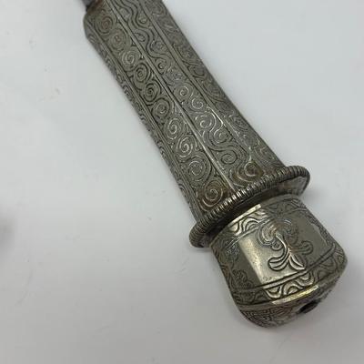 Sale Photo Thumbnail #164: 16” overall length
Antique 19th century intricately engraved dagger & scabbard of Tibetan or Bhutanese origin.