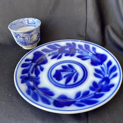 Sale Photo Thumbnail #1233: Transfer ware cup & Flow Blue plate.