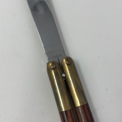 Sale Photo Thumbnail #241: Vintage wood and brass handled Filipino Balisong butterfly knife