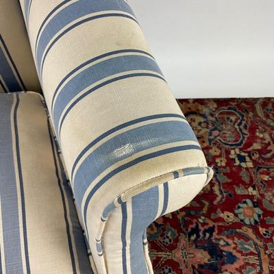Sale Photo Thumbnail #378: Has a few ripped spots, down cushion.  
Great piece to reupholster in your decor colors 
Measurements:
43” in height, 30” in width, 36” in depth, 16.5” seat height