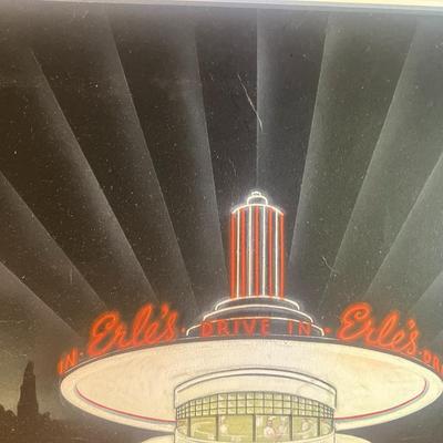 Sale Photo Thumbnail #553: ONE OF A KIND 
"Erle's Drive In"
Original rendering of a 1940's diner by Architect A. Haney dated August 22nd 1938
Date was smudged slightly by framer in 1994 but still able to see most of the 38 date.
Re framed approximately 5 years ago by Michael's. No 