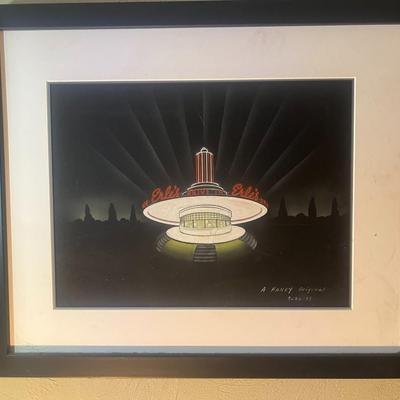 Sale Photo Thumbnail #545: ONE OF A KIND 
"Erle's Drive In"
Original rendering of a 1940's diner by Architect A. Haney dated August 22nd 1938
Date was smudged slightly by framer in 1994 but still able to see most of the 38 date.
Re framed approximately 5 years ago by Michael's. No 