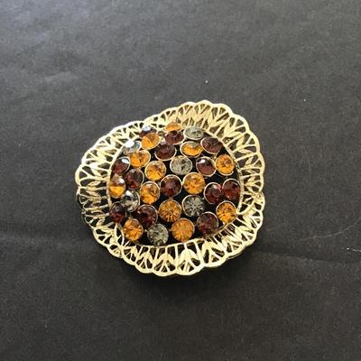Beautiful, vintage, gold tone, multicolored, rhinestone brooch