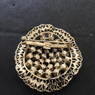 Beautiful, vintage, gold tone, multicolored, rhinestone brooch